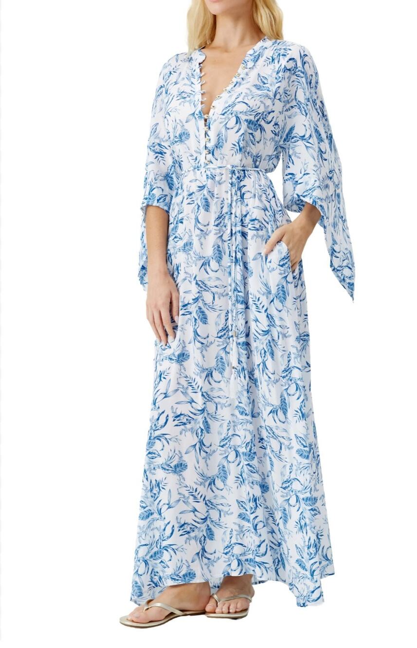 Melissa Odabash Edith Blue White Floral Maxi Coverup Dress New Large Resort
